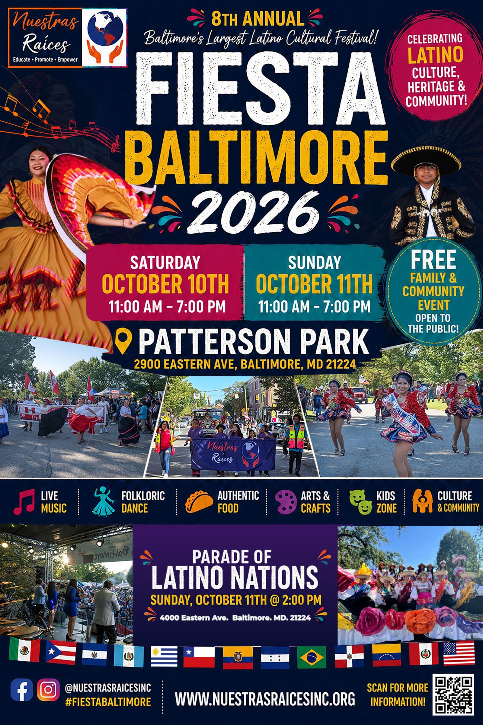 Event poster for Fiesta Baltimore 2026, a Latino culture festival with dancers; Oct 10–11 at Patterson Park, Baltimore.