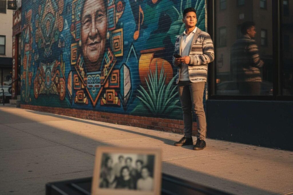 Young man in a patterned cardigan stands on a sidewalk beside a colorful mural, holding a phone.